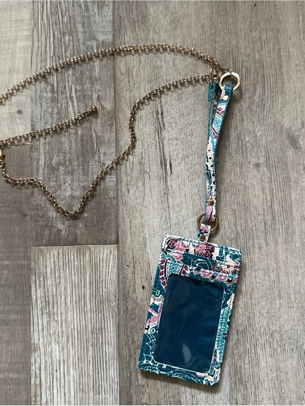 Teal Floral ID Card Holder with Gold Chain Strap